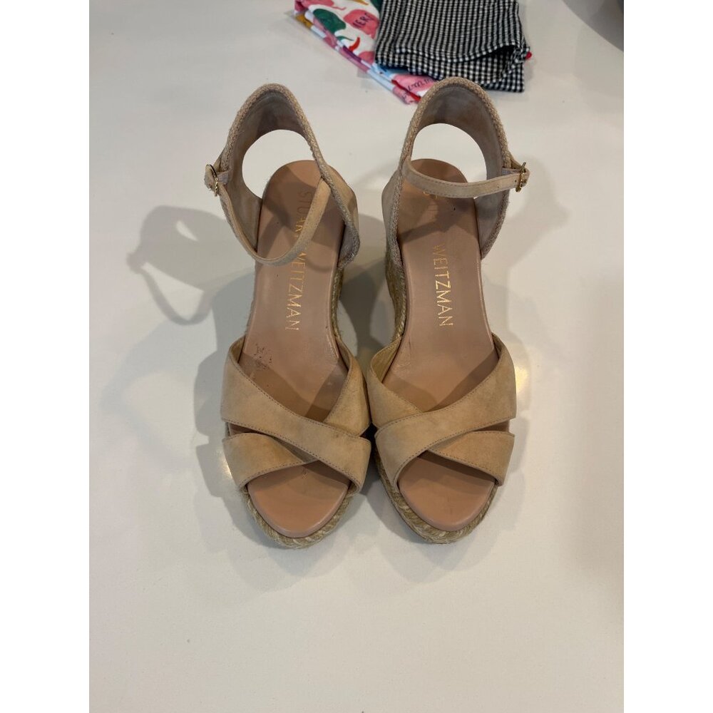 Stuart Weitzman Beige Suede Espadrille Wedge Sandals With Ankle Strap & Braided